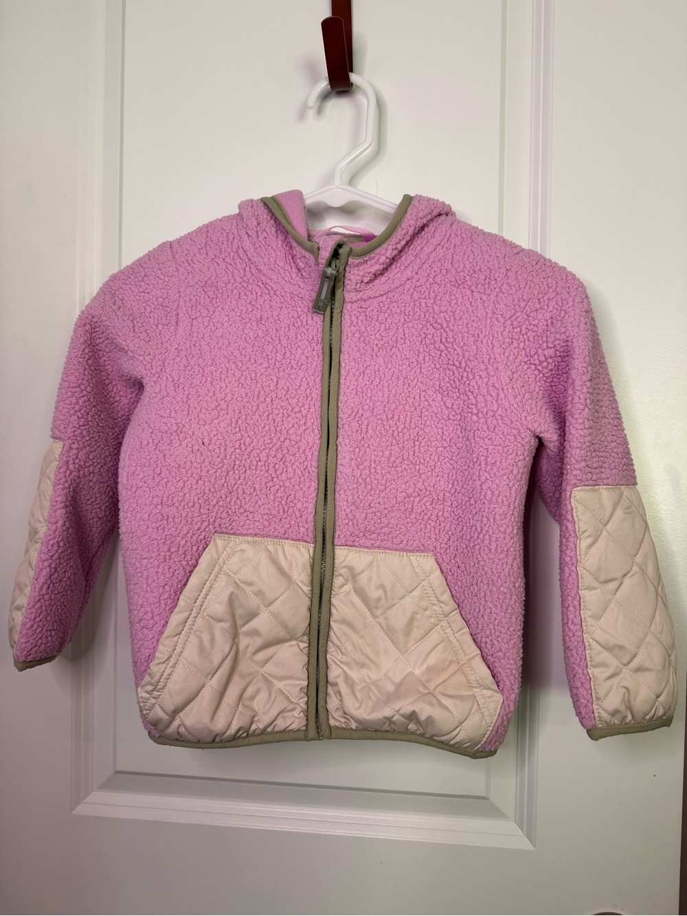 Cat & Jack Pink Hooded Puffer-Style Fleece Jacket with Cream Quilted Accents